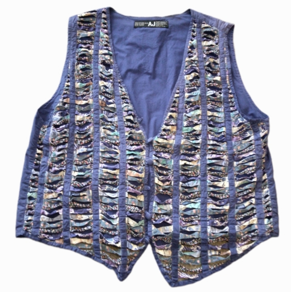 VTG AJ 100% Cotton Size 18/20 Fabric Strip Vest Blue Purple